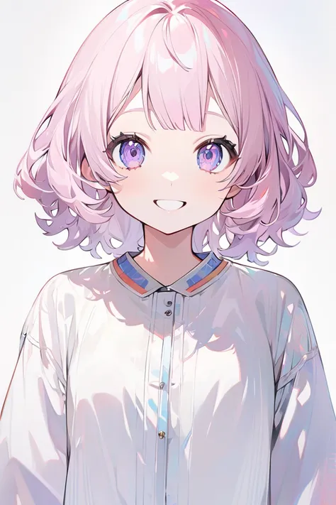 whole body、woman、 cute、vtuber、White background、1 person、front、whole bodyが見える、Character portrait、Arms at sides、upright、 open your mouth、smile、light colored hair、 Simple Outfit 、Modern clothing、Full Figure