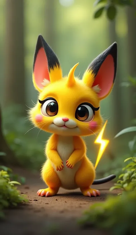 "3D rendering of a small, adorable, electric creature resembling a rodent, with bright yellow fur, large expressive eyes, and long pointy ears tipped with black. Its cheeks are rosy, and it has a lightning bolt-shaped tail. The creature stands on two legs,...