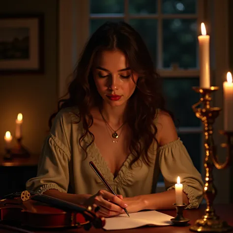 Brunette wavy haired girl with full lips draws by candlelight in a vintage house with a violin next to her