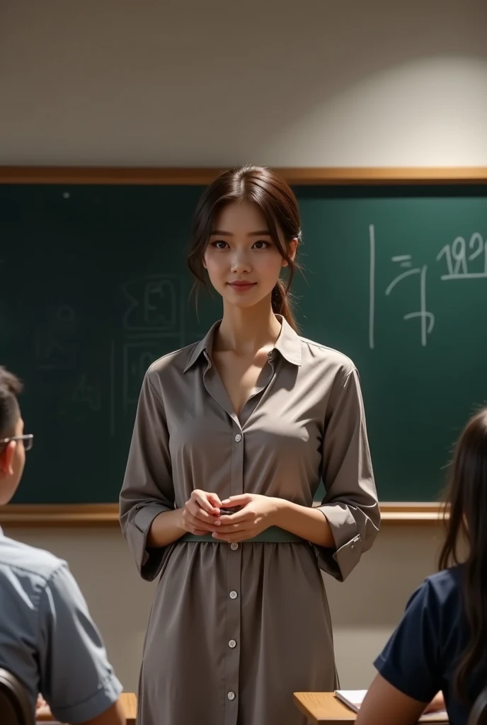 Female teacher standing in front of classroom taking teaching 、 board writing and conveys knowledge to students、 Female Teacher Teaching Students 、Blackboard behind、 detailed facial features、 Elegant Dress 、 confident expression 、 Interior of a Classroom w...