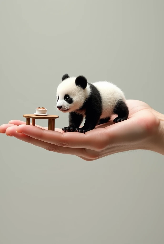 Create a realistic 4k high quality portrait of a Chinese panda baby walking on a human palm. Which is heading towards a table that is at the tip of a human finger 