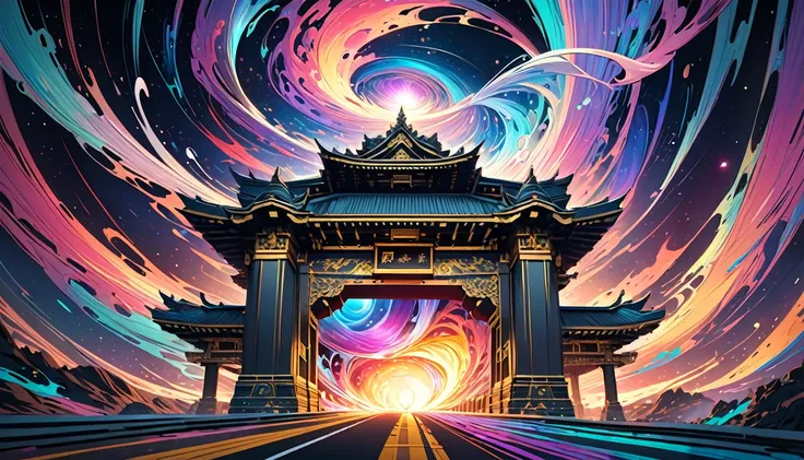 An ethereal train adorned with celestial patterns and divine symbols of Hindu gods racing towards a colossal ornate gate, The scene captures the precise moment of impact as the train begins to dissolve and vanish into the swirling mystical energy of the ga...