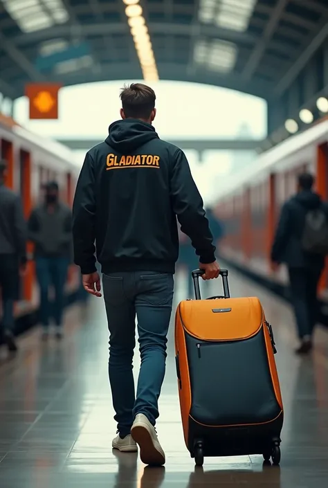 Natural pitcher traveling with a businessman trolley bag through a railway station The brand name should also be printed on that trolley bag, Gladiator. The image needs to be very realistic and in a way that customers can feel. That picture should be in th...