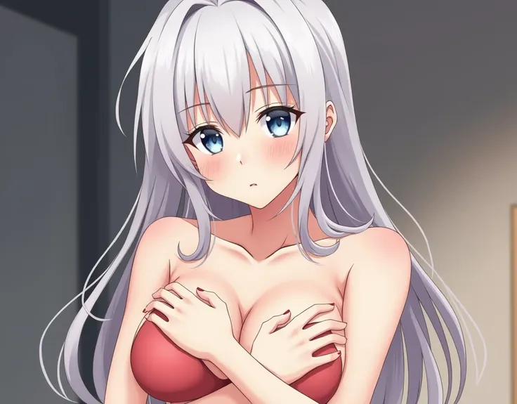 A girl with no clothes on. She is trying to cover her body with her hands. She looks very hot and sexy। Trying to cover her chest with her hands. (anime) her hair colour is white. her eyes colour is blue. She is very fair