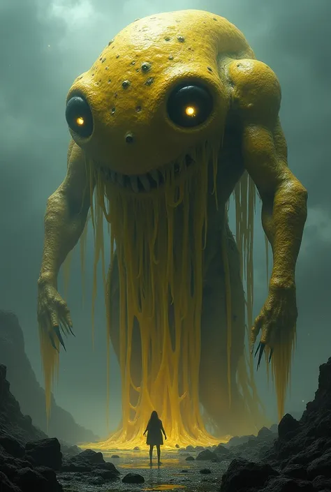 A horrifying creature resembling a giant amoeba fused with human features, with oversized glowing eyes, blistered skin, and tendrils oozing a yellowish fluid.