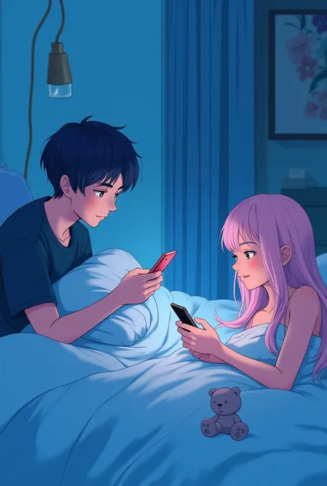  Make an anime sketch in color , ada pria yang berada dikamarnya sedang berbaring di kasur  while looking at her phone ,  The mans room is blue ,  make it in two parts . to the right of her room ,  There is a girl lying on the mattress ,  while looking at ...