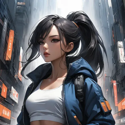 Neo-noir Futuristic art style, High Angle (Looking Up From Street)
A semi-realistic anime-style woman, aged 21, with long, sleek black hair styled in a high ponytail. She has warm tan skin with a slight golden undertone, and a sharp, symmetrical face. Her ...