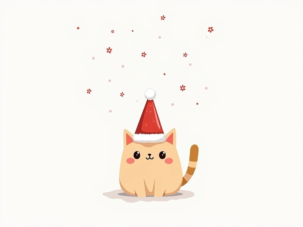 cute minimal illustration of a cat wearing a santa hat, christmas card on white background