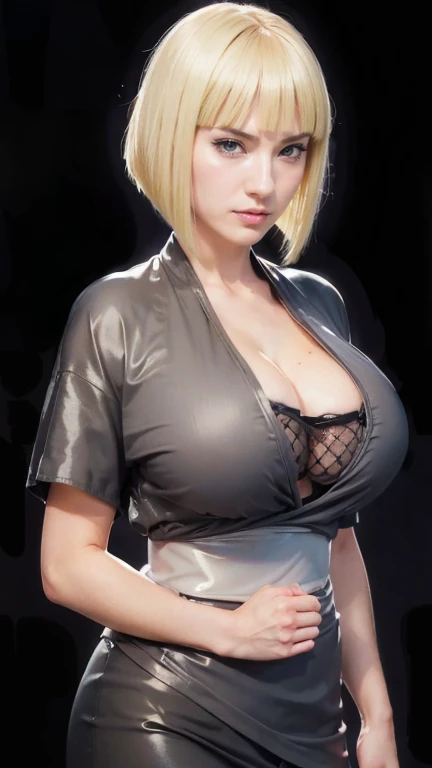 (（（Perfect body,White and tender skin,（（（BLACK KIMONO, CLEAVAGE, VAMBRACES,）））,（（（Samui, Blue eyes, blonde hair, short hair, bangs, blunt bangs,）））,((masterpiece)),high resolution, ((Best quality at best)),masterpiece,quality,Best quality,（（（ Exquisite fac...