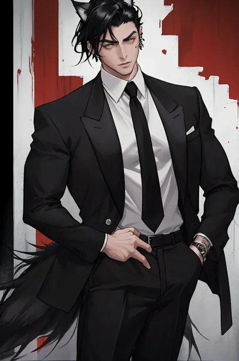 A male mafia boss, achromatic colored clothing, black hair with black wolf ears, left side haircut short and right side hair medium long in layers, staggered...black wolf tail piercing in both ears 