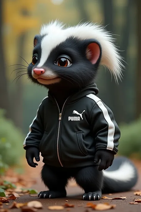 A skunk in a puma tracksuit with a mullet haircut in a realistic style