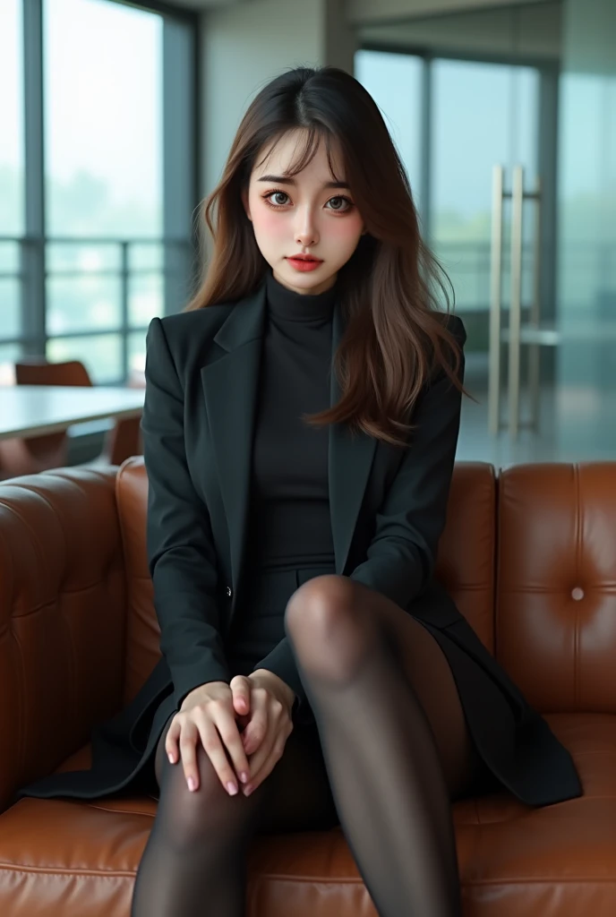  beautiful woman ,,  dark blue eyes and facial details,  Full Body ,Tall figure，（Long Legs：9.9） , Make it extremely realistic , Korean Girl , (Large leather sofa,，，Floor-to-ceiling window office ，Bright interior，）（Woman with white and tender skin ：9.9） Dyn...