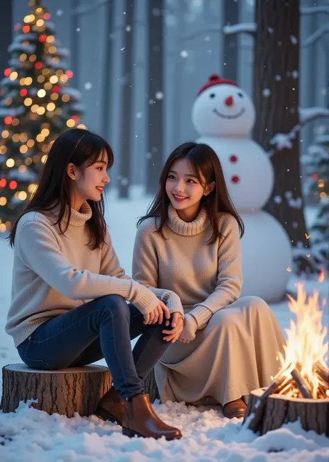 In the snowy forest、 A young and beautiful couple wearing warm sweaters and scarves have a bonfire 、暖かいセーターとマフラーをしている、Men wear jeans 、 women wear long skirts and boots 、 woolen gloves 、Sitting on a stump、 The illuminated Christmas tree and big snowman can ...