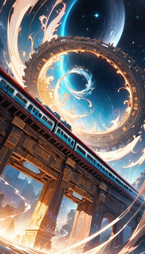 An ethereal train adorned with celestial patterns and divine symbols of Hindu gods racing towards a colossal ornate gate, The scene captures the precise moment of impact as the train begins to dissolve and vanish into the swirling mystical energy of the ga...