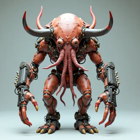 3D rendering, Plastic model, front image, Bullmark-style deformed, monster kit, vivid coloring, Cthulhu cyborg monster plastic model, full-body image, various parts look like cyborg machines. digital image.