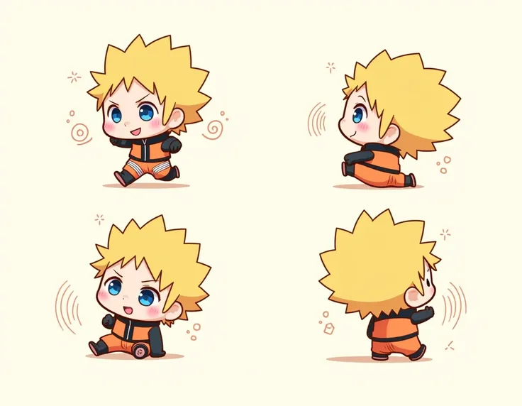 Create a super cute chibi style of Naruto Uzumaki standing in 3/4 view, side view, back view and front view.