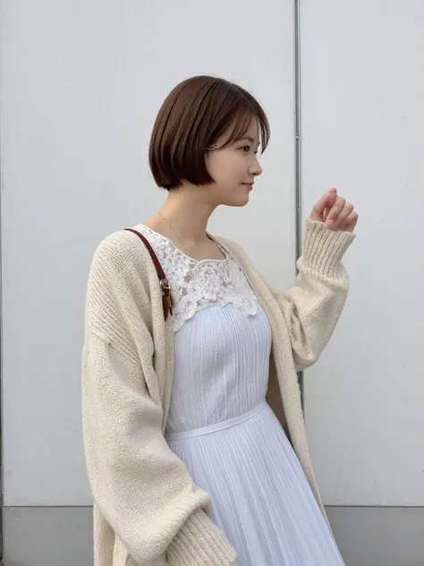 ((highest quality, 8K, masterpiece :1.3)), 1 girl, (bob hair、short hair,Taken in front of a white wall :1.2)、（gentle smile),Shot in natural light、pastel cardigan :1.1, Angle from above、super detailed face, fine eyes,(Highly realistic photos, High resolutio...