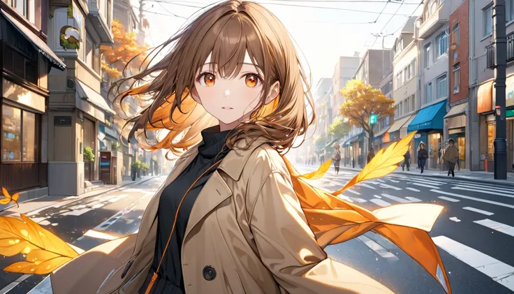 background： on a street corner with little traffic 、tree々 the leaves are swaying in the wind 。  
expression：遠くを見つめながらリラックスしたexpression。  
Costume： A casual trench coat and boots 。  
 pose：Standing on a street corner 、 holding your hair lightly while feelin...