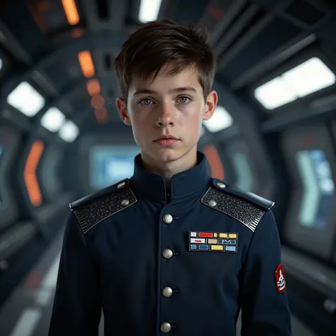 "An ultra-realistic image of a 15-year-old white boy with brown hair and brown eyes, wearing the dark blue military uniform that Commander Shepard wears inside his ship in Mass Effect 3. The boy should have a more mature appearance for his age, with define...