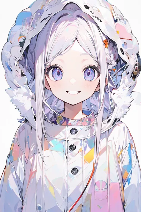 whole body、woman、 cute、vtuber、White background、1 person、front、whole bodyが見える、Character portrait、Arms at sides、upright、 open your mouth、smile、light colored hair、 Simple Outfit 、Modern clothing、Full Figure