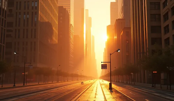  an American city full of buildings . The city is empty ,  without cars and without people .  A very beautiful and sunny day .  Ultra-realistic and cinematic images