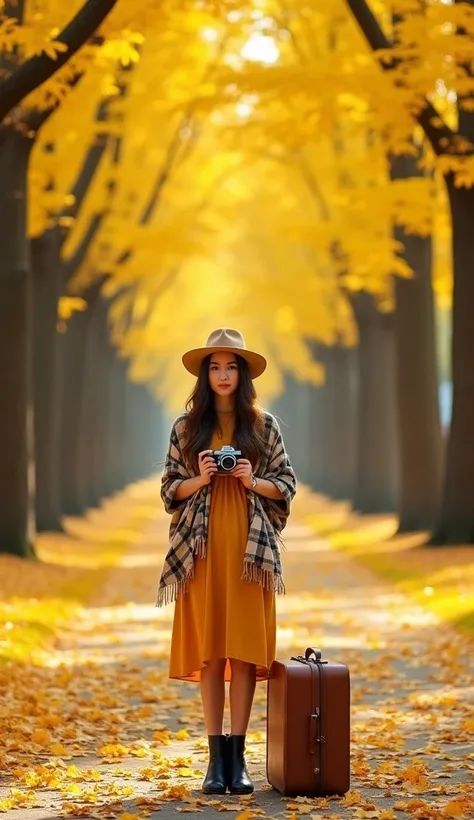 A serene autumn scene with a golden pathway covered in fallen ginkgo leaves. A woman stands in the middle of the path, wearing a mustard-yellow dress, a plaid shawl, and a beige hat. She is holding a vintage camera, capturing the beauty of the moment. Blac...