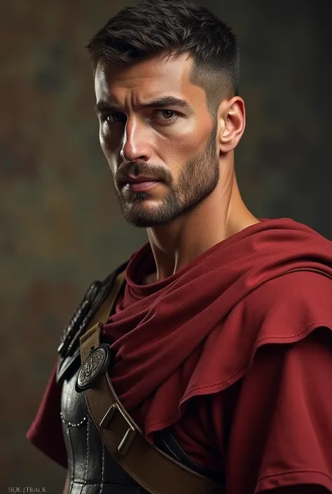 “Create a Roman legionary ryman named Lucius Antonius Severus. He is tall, well-built, with a disciplined and stoic demeanor. His face has sharp, angular features with a strong jawline and high cheekbones, giving him a rugged, battle-hardened look. His dar...