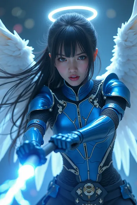 (Photorealistic: 1.2) Beautiful teen japanese girl with technological blue iron armor from the future. Large Glowing Angel wings. Angry. Long hair. Lightning sword. With a halo on the head. Fierce look on her face, gritted teeth. Close up.