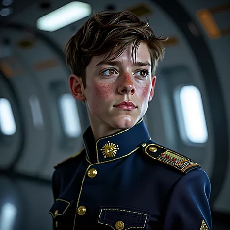 "An ultra-realistic image of a 15-year-old white boy with brown hair and brown eyes, wearing the dark blue military uniform that Commander Shepard wears inside his ship in Mass Effect 3. The boy should have a more mature appearance for his age, with define...