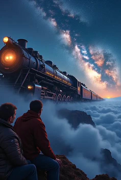 painting of a train traveling through a galaxy with people on it, big train in space, the milky way express, painting by dan mumford, science fantasy painting, by Justin Gerard, by Dan Mumford, cyril rolando and m. w kaluta, cyril rolando and m.w kaluta, i...