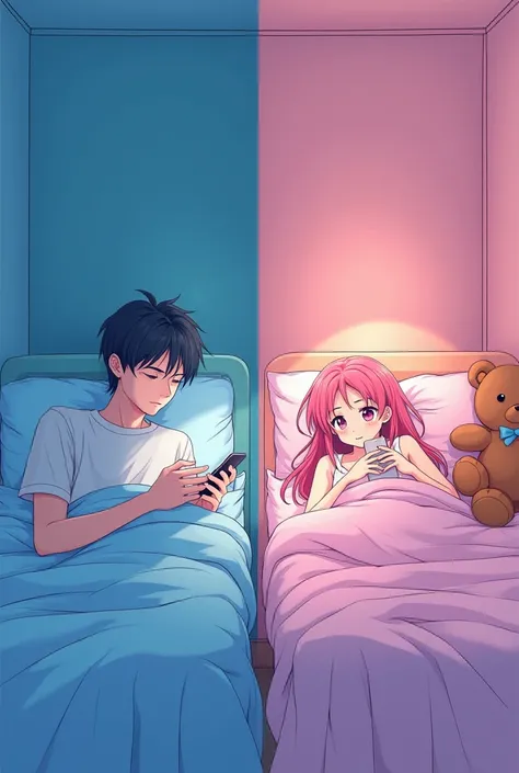  Make an anime sketch in color , ada pria yang berada dikamarnya sedang berbaring di kasur  while looking at her phone ,  The mans room is blue ,  make it in two parts . to the right of her room ,  There is a girl lying on the mattress ,  while looking at ...