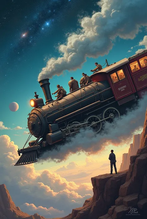 painting of a train traveling through a galaxy with people on it, a surrealist painting by Justin Gerard, behance contest winner, space art, big train in space, the milky way express, painting by dan mumford, science fantasy painting, cyril rolando and m.w...