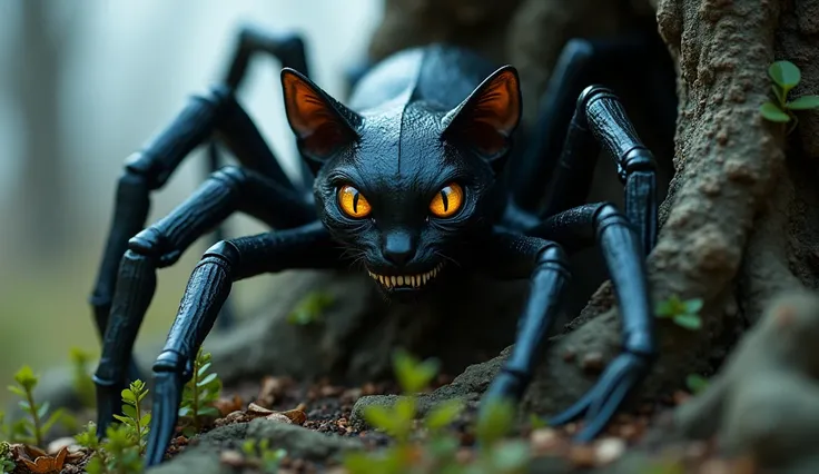  A close-up of the Spider-Cat crouched behind a tree, staring at the house.