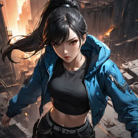 Neo-noir Futuristic art style, High Angle perspective view, A semi-realistic anime-style woman looking up to viewer, aged 21, with long, sleek black hair styled in a high ponytail. She has warm tan skin with a slight golden undertone, and a sharp, symmetri...