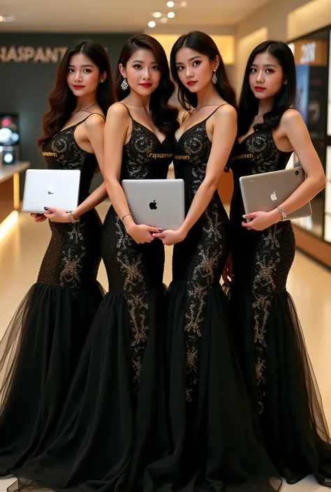 A group of beautiful & sexy Philipines girls wearing black gold dress with the words printed on them "RAJAPANEN", (((Standing holding a macbook))) In a tablet computer store