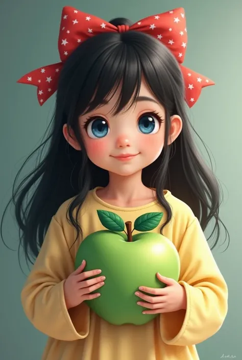  Girl with Downs Syndrome, long black hair with a red ribbon in her hair,  blue eyes, dressed in a yellow hospital gown .  She holds a green apple-shaped plush toy in her hands .