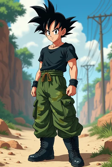 Black short sleeve t-shirt green pants with mimicry , black military boots,  Short black hair with a pronounced forehead like a vegeta. Dragon Ball Z ANIME STYLE 