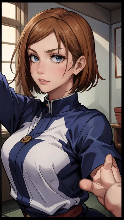 (masterpiece:1.2, best quality:1.2, beautiful, high quality, highres:1.1), 1girl, detailed, short hair, short brown hair, short brown hair, extremely detailed 4K, perfect eyes, perfect face, jujutsu kaisen, uniform, dark clothes only, 1girl , circle arms, ...