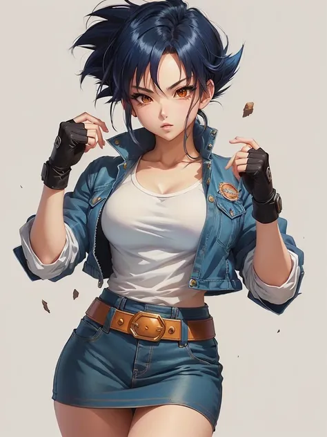 anime - style image of a woman with a blue jacket and a white shirt, saiyan girl, female anime character, anime style character, akira toriyama style, female goku, anime character art, detailed anime character art, high quality anime artstyle, portrait of ...