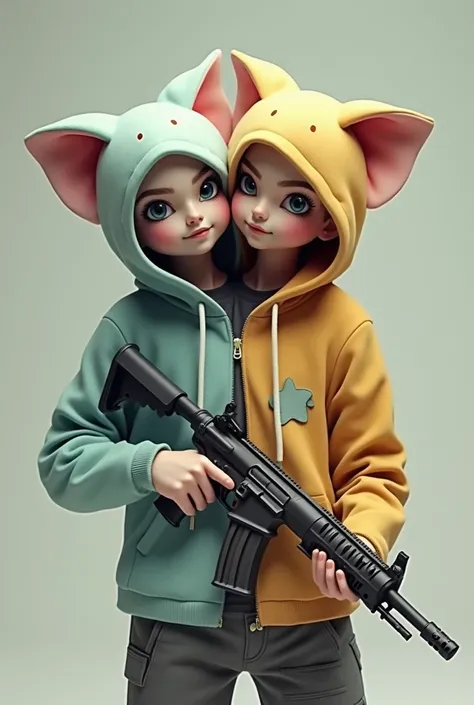 Draw a two-headed male character wearing a cute hoodie holding a gun.