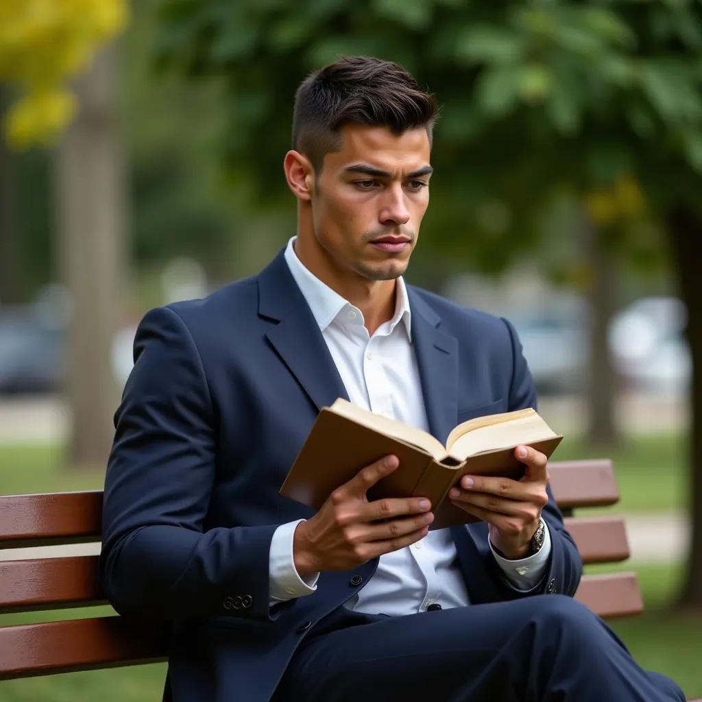 ronaldo in a suit, small head, extremely detailed skin, reading book on park bench, blurred background.