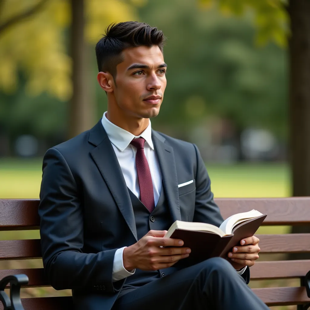 ronaldo in a suit, small head, extremely detailed skin, reading book on park bench, blurred background.