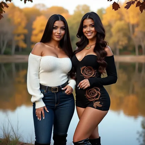 Two women. A Realistic photo of an aged 28 Latin woman, sexy body, big breasted EE-cup with super large breasts. muscular thighs and calves. long straight dark black hair, wearing an off the shoulder white designer sweater, dark blue denim jeans with knee ...