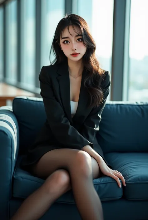  beautiful woman ,真实照片,  dark blue eyes and facial details,  Full Body ,Tall figure，（Long Legs：9.9） , Make it extremely realistic , Korean Girl , (Big leather sofa ,，，Floor-to-ceiling window office ，Bright interior，）（Woman with white and tender skin ：9.9） ...