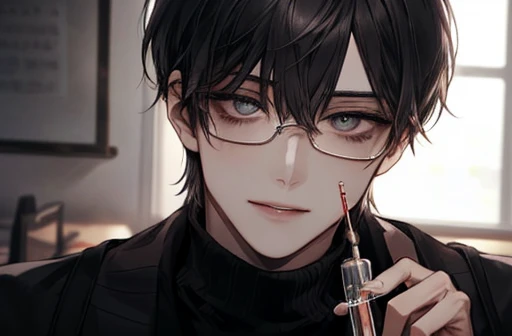 1 male，Short detailed hair，  black hair color，（Eyes 1：2，  clear eyes ，A sophisticated eye， Delicate Eyes，  Picture of an attractive Japanese woman with beautiful eyes ，Eye details），  face focus to be interrogated ，adult，  black turtleneck，  best quality，  ...