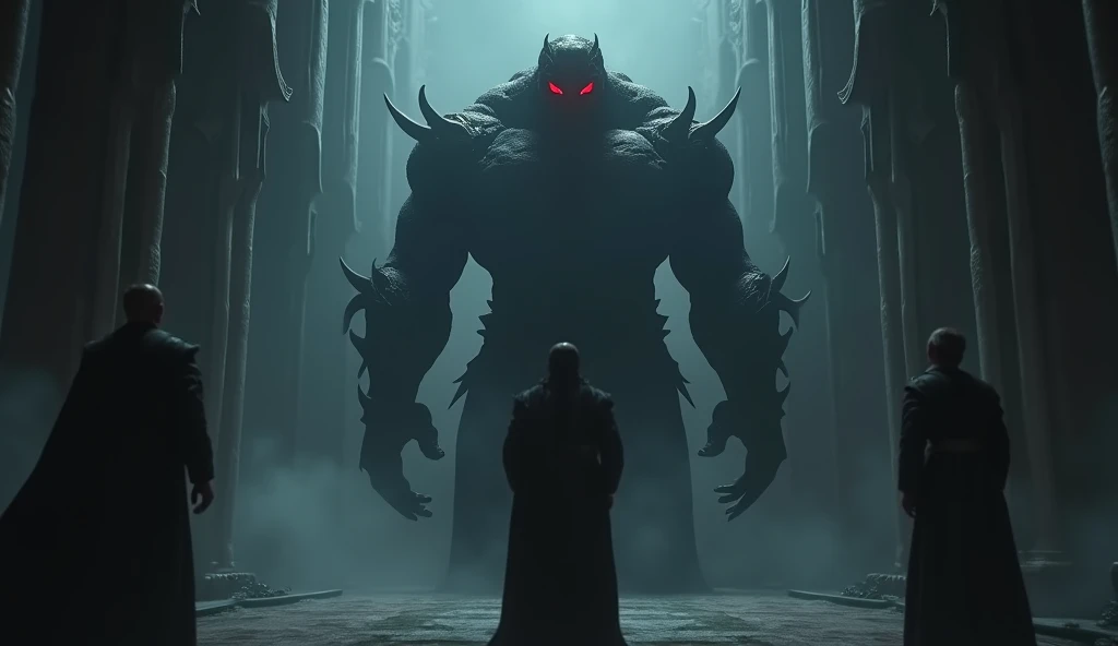 A Very Clear 4K Ultra HD Dynamic Image Of "A towering figure with dark, muscular features and glowing red eyes steps out from the shadows. The king and minister stand ready to face the threat.