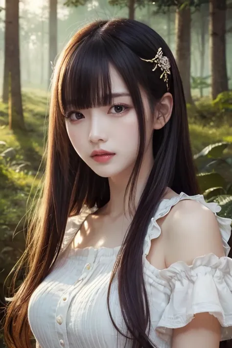 Japanese women who look like idols , long hair ,  straight hair, Round face , bust up , ((   best quality )),(  ultra high resolution with forest background ),(  super detailed),( Graceful Depiction  ),((  best CG  )),(a masterpiece), super detailedなアート