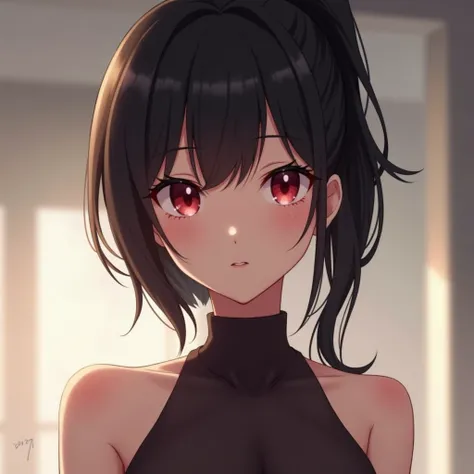 Sexy pretty anime woth red eyes and black hair, short hair or pony tail is ok

