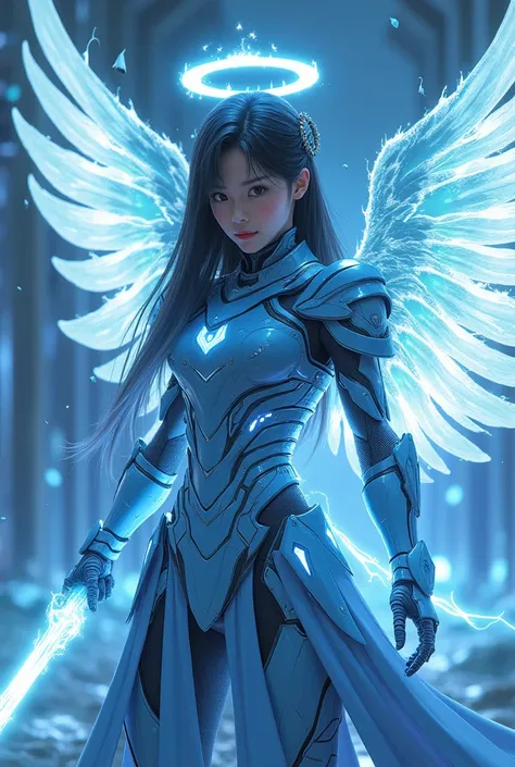 (Photorealistic: 1.2) Beautiful teen japanese girl with technological blue iron armor from the future. Large Glowing Angel wings. Lightning sword. With a halo on the head. Long hair.