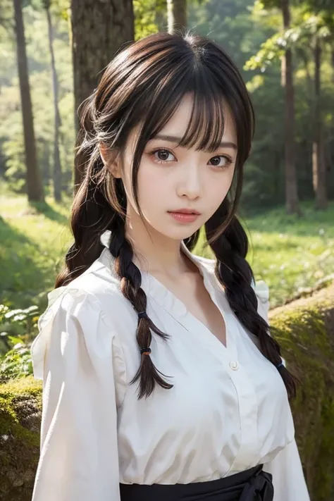 Japanese women who look like idols , long hair , side braid, Round face , bust up , ((   best quality )),(  ultra high resolution with forest background ),(  super detailed),( Graceful Depiction  ),((  best CG  )),(a masterpiece), super detailedなアート